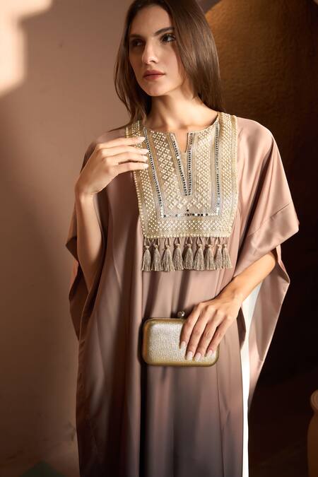 Buy_Tasuvure_Brown Satin, Crepe Pearls, Tassels Split Kathryn Ombre Embroidered Yoke Kaftan_Online_at_Aza_Fashions
