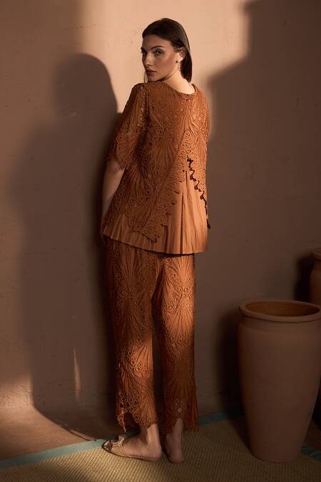 Shop Tasuvure Brown Cotton, Lace Embroidery Round Neck Myra Floral Top With Pant at Aza Fashions Shop_Tasuvure_Brown Cotton, Lace Embroidery Round Neck Myra Floral Top With Pant_at_Aza_Fashions