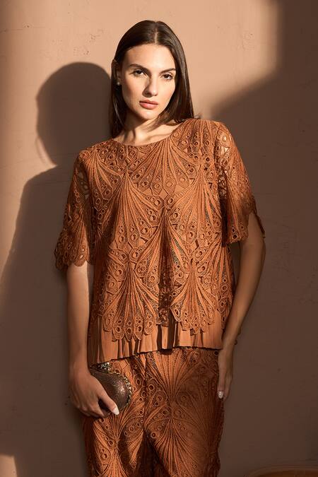Tasuvure Brown Cotton, Lace Embroidery Round Neck Myra Floral Top With Pant Online at Aza Fashions Tasuvure_Brown Cotton, Lace Embroidery Round Neck Myra Floral Top With Pant_Online_at_Aza_Fashions