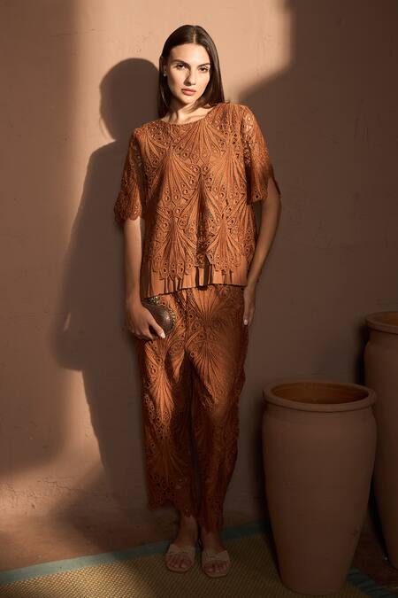 Buy Tasuvure Brown Cotton, Lace Embroidery Round Neck Myra Floral Top With Pant Online at Aza Fashions Buy_Tasuvure_Brown Cotton, Lace Embroidery Round Neck Myra Floral Top With Pant_Online_at_Aza_Fashions