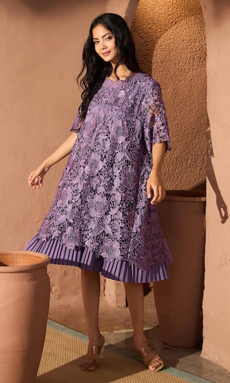 Tasuvure Purple Cotton Lace Embroidery Floral Round Neck Myra Dress 