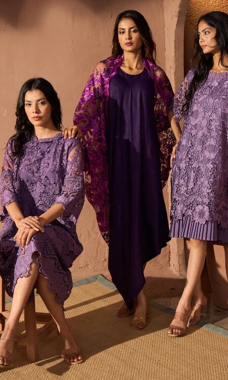 Tasuvure_Purple Cotton, Lace Embroidery, Pearls Round Neck Myra Mesh Cassia Dress _Online_at_Aza_Fashions