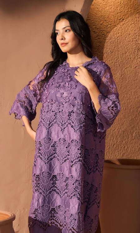 Buy_Tasuvure_Purple Cotton, Lace Embroidery, Pearls Round Neck Myra Mesh Cassia Dress _Online_at_Aza_Fashions