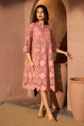 Buy Peach Cotton, Lace Embroidery, Pearls Round Neck Myra Mesh Cassia  Floral Dress For Women by Tasuvure Online at Aza Fashions in AE