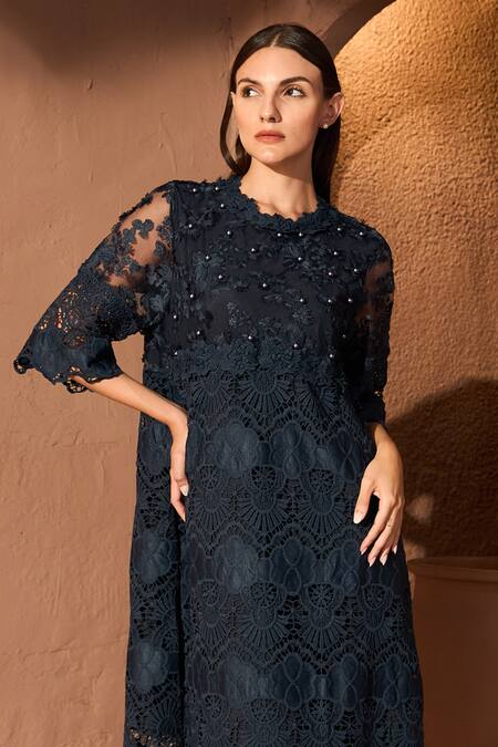 Tasuvure_Blue Cotton, Lace Embroidery, Pearls Round Neck Myra Mesh Cassia Dress _Online_at_Aza_Fashions