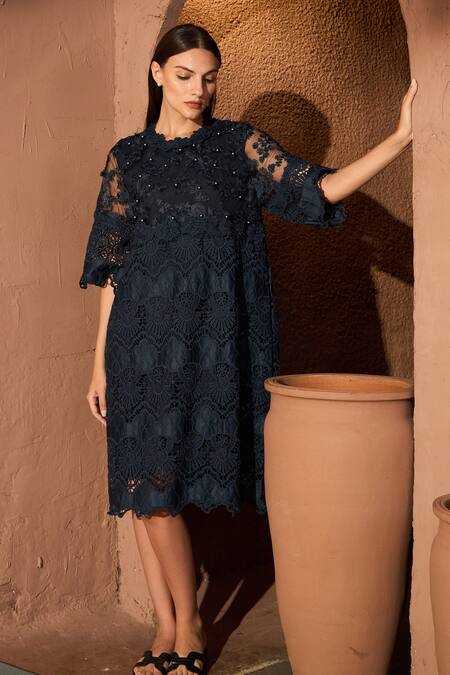 Buy_Tasuvure_Blue Cotton, Lace Embroidery, Pearls Round Neck Myra Mesh Cassia Dress _Online_at_Aza_Fashions