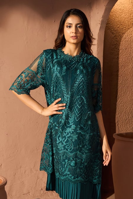 Tasuvure_Green Cotton, Lace Embroidery, Pearls Round Neck Myra Mesh Chantilly Dress_Online_at_Aza_Fashions
