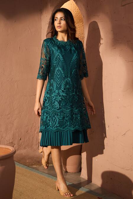 Buy_Tasuvure_Green Cotton, Lace Embroidery, Pearls Round Neck Myra Mesh Chantilly Dress_Online_at_Aza_Fashions
