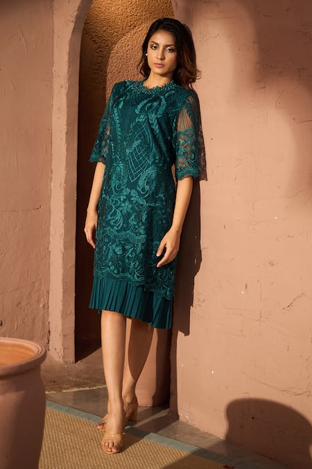 Shop_Tasuvure_Green Cotton, Lace Embroidery, Pearls Round Neck Myra Mesh Chantilly Dress_Online_at_Aza_Fashions