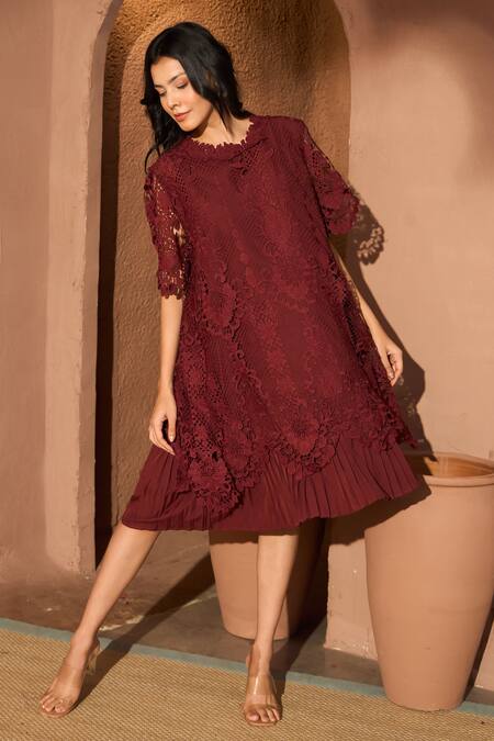 Tasuvure_Red Cotton, Lace Embroidery, Pearls Round Neck Myra Floral Chantilly Dress_Online_at_Aza_Fashions