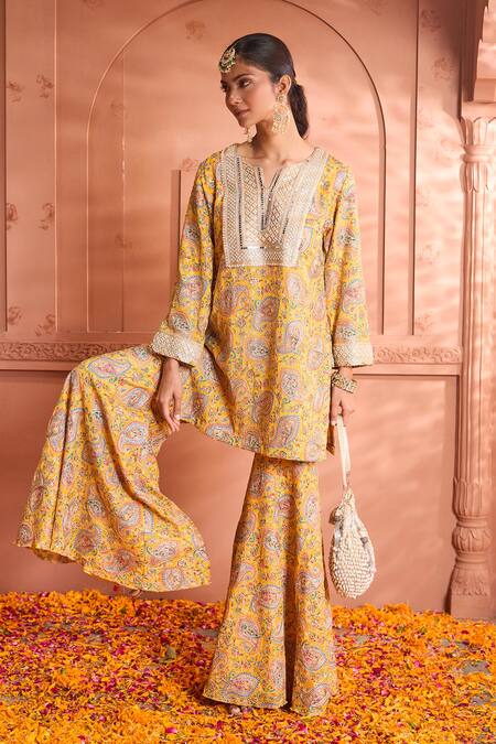 Tasuvure Indes_Yellow Georgette Mirrors, Pearls Elizey Paisley Embroidered Kurta With Sharara_Online_at_Aza_Fashions