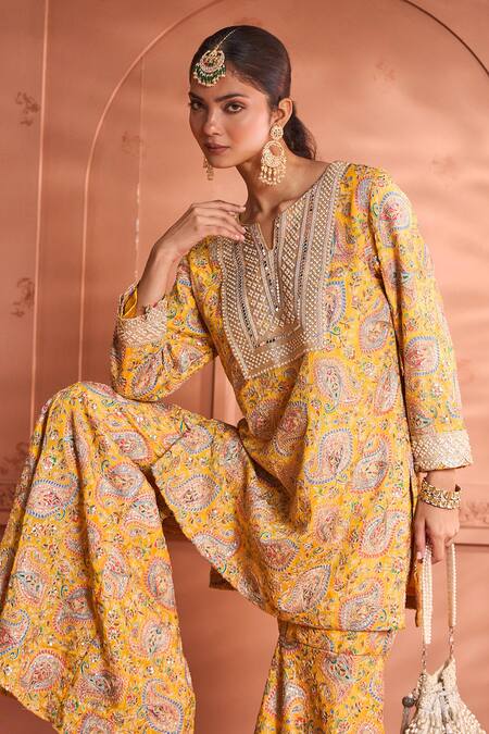 Buy_Tasuvure Indes_Yellow Georgette Mirrors, Pearls Elizey Paisley Embroidered Kurta With Sharara_Online_at_Aza_Fashions