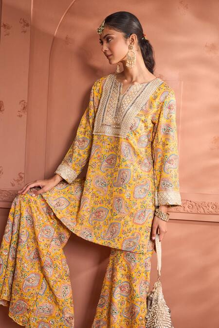 Shop_Tasuvure Indes_Yellow Georgette Mirrors, Pearls Elizey Paisley Embroidered Kurta With Sharara_Online_at_Aza_Fashions