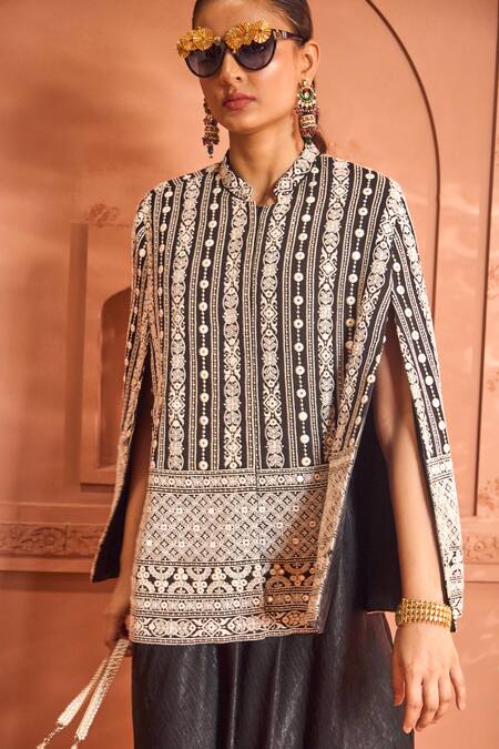 Shop Tasuvure Indes Black Georgette Embroidery Round Neck, Threadwork Cape Jacket With Dress Online at Aza Fashions Shop_Tasuvure Indes_Black Georgette Embroidery Round Neck, Threadwork Cape Jacket With Dress _Online_at_Aza_Fashions