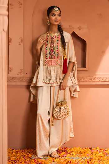 Buy_Tasuvure Indes_Cream Satin, Silk Embroidery Round Neck Kiri Patch Work Kaftan With Flared Pant_Online_at_Aza_Fashions