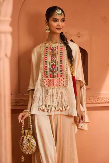 Shop_Tasuvure Indes_Cream Satin, Silk Embroidery Round Neck Kiri Patch Work Kaftan With Flared Pant_Online_at_Aza_Fashions