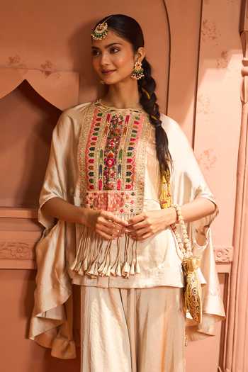 Tasuvure Indes_Cream Satin, Silk Embroidery Round Neck Kiri Patch Work Kaftan With Flared Pant_at_Aza_Fashions