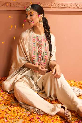 Shop_Tasuvure Indes_Cream Satin, Silk Embroidery Round Neck Kiri Patch Work Kaftan With Flared Pant