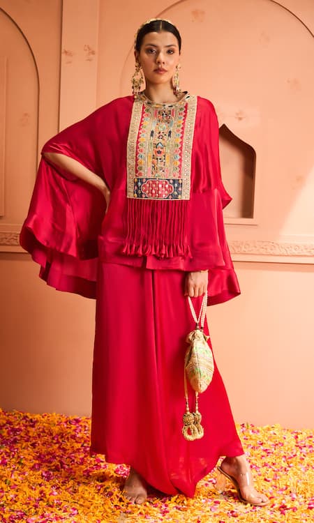 Tasuvure Indes Red Satin Silk Embroidered Thread Round Kiri Kaftan With Flared Pant 