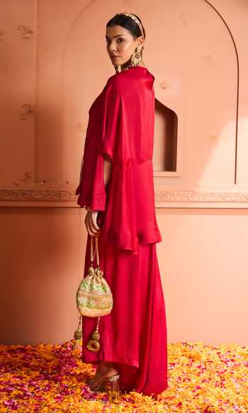Tasuvure Indes Red Satin, Silk Embroidery Round Neck Kiri Kaftan With Flared Pant Online at Aza Fashions Tasuvure Indes_Red Satin, Silk Embroidery Round Neck Kiri Kaftan With Flared Pant_Online_at_Aza_Fashions