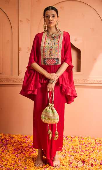 Shop Tasuvure Indes Red Satin, Silk Embroidery Round Neck Kiri Kaftan With Flared Pant Online at Aza Fashions Shop_Tasuvure Indes_Red Satin, Silk Embroidery Round Neck Kiri Kaftan With Flared Pant_Online_at_Aza_Fashions