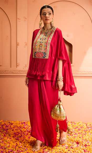 Tasuvure Indes Red Satin, Silk Embroidery Round Neck Kiri Kaftan With Flared Pant at Aza Fashions Tasuvure Indes_Red Satin, Silk Embroidery Round Neck Kiri Kaftan With Flared Pant_at_Aza_Fashions