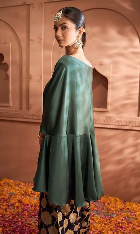 Shop Tasuvure Indes Green Brocade, Silk Embroidery, Sequins Round Kiri Kaftan With Floral Veil Pant at Aza Fashions Shop_Tasuvure Indes_Green Brocade, Silk Embroidery, Sequins Round Kiri Kaftan With Floral Veil Pant _at_Aza_Fashions