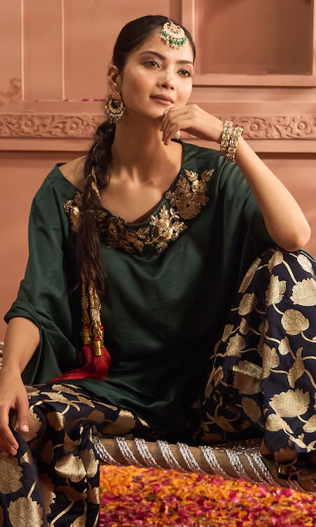 Tasuvure Indes Green Brocade, Silk Embroidery, Sequins Round Kiri Kaftan With Floral Veil Pant Online at Aza Fashions Tasuvure Indes_Green Brocade, Silk Embroidery, Sequins Round Kiri Kaftan With Floral Veil Pant _Online_at_Aza_Fashions