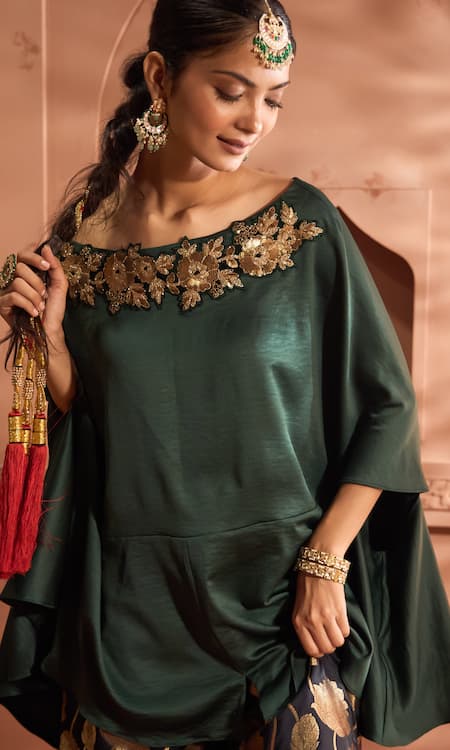 Shop Tasuvure Indes Green Brocade, Silk Embroidery, Sequins Round Kiri Kaftan With Floral Veil Pant Online at Aza Fashions Shop_Tasuvure Indes_Green Brocade, Silk Embroidery, Sequins Round Kiri Kaftan With Floral Veil Pant _Online_at_Aza_Fashions