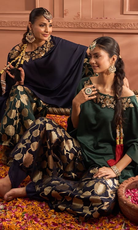 Tasuvure Indes Green Brocade, Silk Embroidery, Sequins Round Kiri Kaftan With Floral Veil Pant at Aza Fashions Tasuvure Indes_Green Brocade, Silk Embroidery, Sequins Round Kiri Kaftan With Floral Veil Pant _at_Aza_Fashions