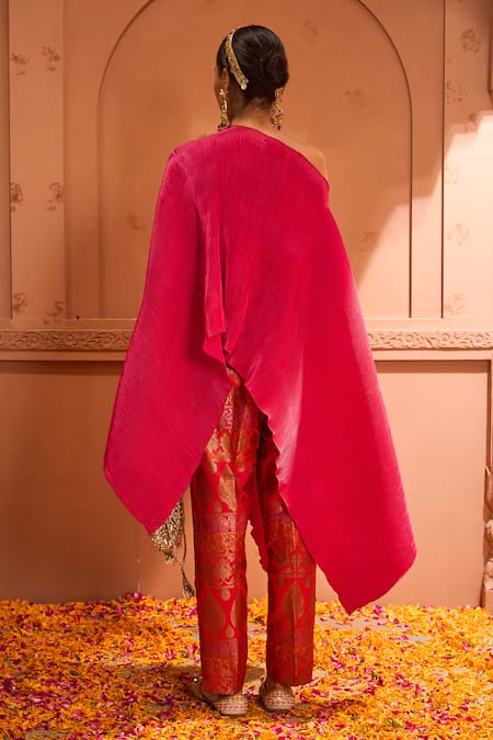 Shop Tasuvure Indes Fuchsia One Shoulder Floral Embroidered Cape And Pant Set at Aza Fashions Shop_Tasuvure Indes_Fuchsia One Shoulder Floral Embroidered Cape And Pant Set _at_Aza_Fashions