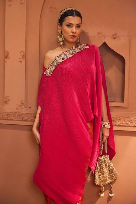 Buy Tasuvure Indes Fuchsia One Shoulder Floral Embroidered Cape And Pant Set Buy_Tasuvure Indes_Fuchsia One Shoulder Floral Embroidered Cape And Pant Set