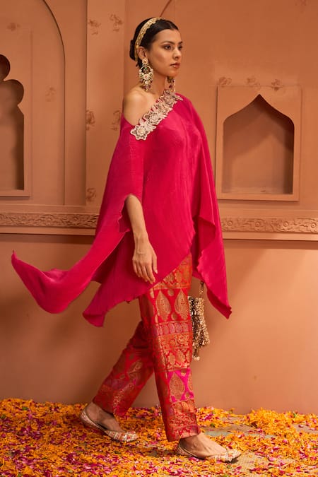 Shop Tasuvure Indes Fuchsia One Shoulder Floral Embroidered Cape And Pant Set Shop_Tasuvure Indes_Fuchsia One Shoulder Floral Embroidered Cape And Pant Set