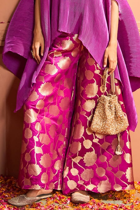Tasuvure Indes Purple Brocade Zari Divine Embroidered Neck Cape With Flared Pant Online at Aza Fashions Tasuvure Indes_Purple Brocade Zari Divine Embroidered Neck Cape With Flared Pant _Online_at_Aza_Fashions