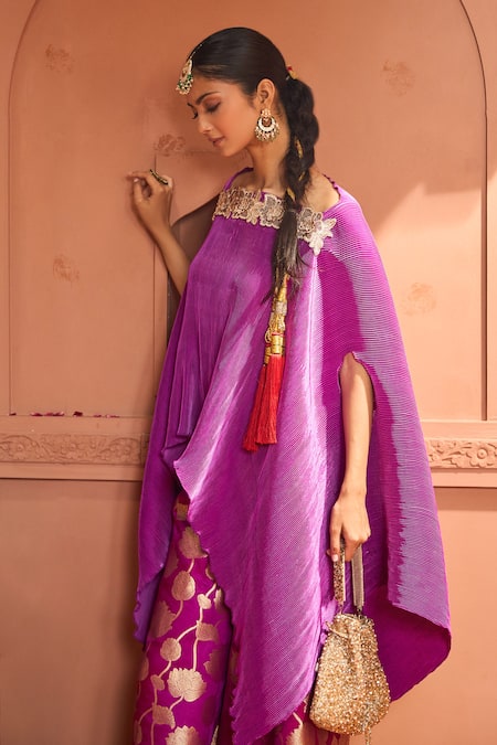 Buy Tasuvure Indes Purple Brocade Zari Divine Embroidered Neck Cape With Flared Pant Online at Aza Fashions Buy_Tasuvure Indes_Purple Brocade Zari Divine Embroidered Neck Cape With Flared Pant _Online_at_Aza_Fashions