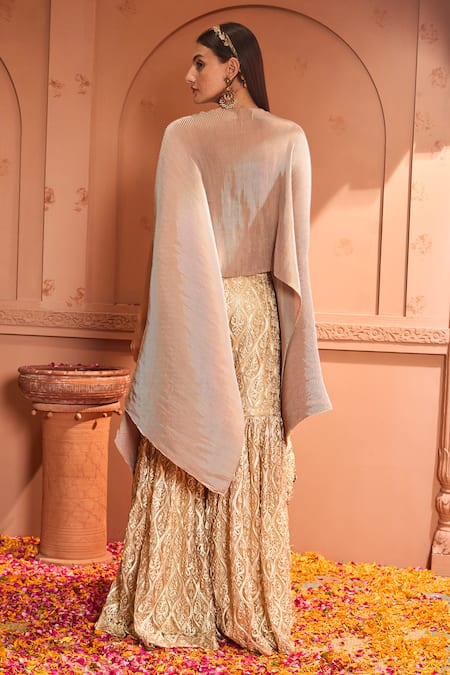 Shop Tasuvure Indes Cream Silk Embroidery Divine Cape With Lace Dori Sharara at Aza Fashions Shop_Tasuvure Indes_Cream Silk Embroidery Divine Cape With Lace Dori Sharara _at_Aza_Fashions