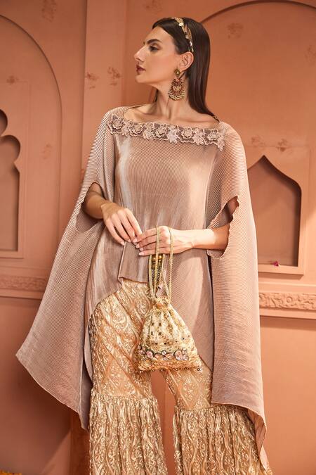 Buy Tasuvure Indes Cream Silk Embroidery Divine Cape With Lace Dori Sharara Online at Aza Fashions Buy_Tasuvure Indes_Cream Silk Embroidery Divine Cape With Lace Dori Sharara _Online_at_Aza_Fashions