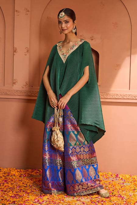 Tasuvure Indes Green Pleated Silk Embroidered Floral V Neck Divine Cape With Sharara 