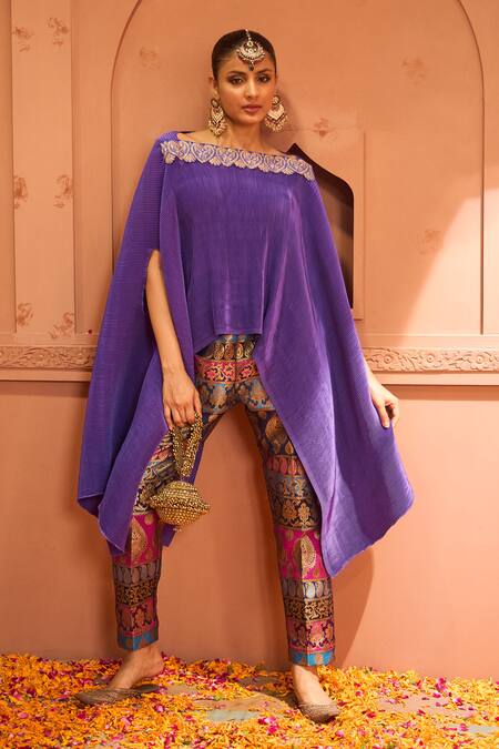 Tasuvure Indes_Purple Brocade, Silk Embroidery Divine Paisley Cape With Pant_Online_at_Aza_Fashions