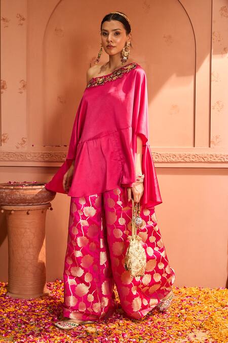 Tasuvure Indes Pink Brocade, Silk Embroidery One Shoulder Kiri Neck Kaftan With Pant Online at Aza Fashions Tasuvure Indes_Pink Brocade, Silk Embroidery One Shoulder Kiri Neck Kaftan With Pant _Online_at_Aza_Fashions
