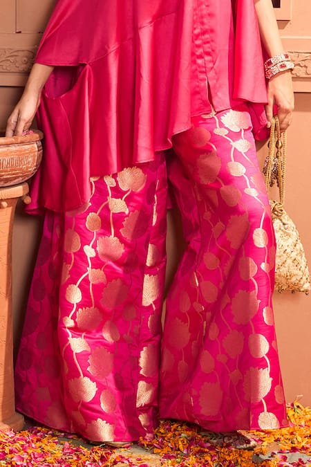 Buy Tasuvure Indes Pink Brocade, Silk Embroidery One Shoulder Kiri Neck Kaftan With Pant Online at Aza Fashions Buy_Tasuvure Indes_Pink Brocade, Silk Embroidery One Shoulder Kiri Neck Kaftan With Pant _Online_at_Aza_Fashions