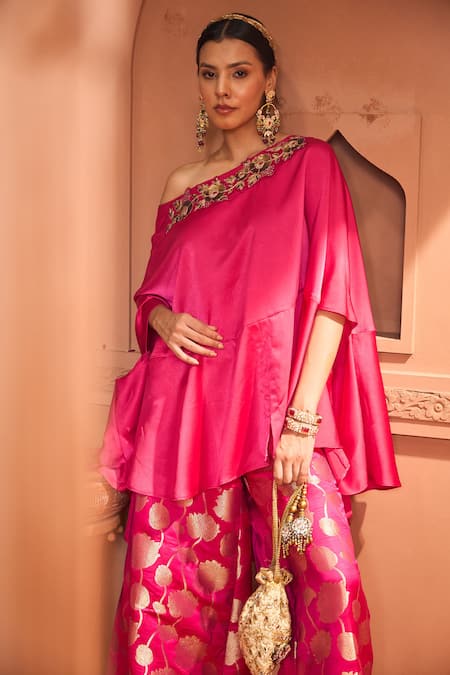 Shop Tasuvure Indes Pink Brocade, Silk Embroidery One Shoulder Kiri Neck Kaftan With Pant Online at Aza Fashions Shop_Tasuvure Indes_Pink Brocade, Silk Embroidery One Shoulder Kiri Neck Kaftan With Pant _Online_at_Aza_Fashions