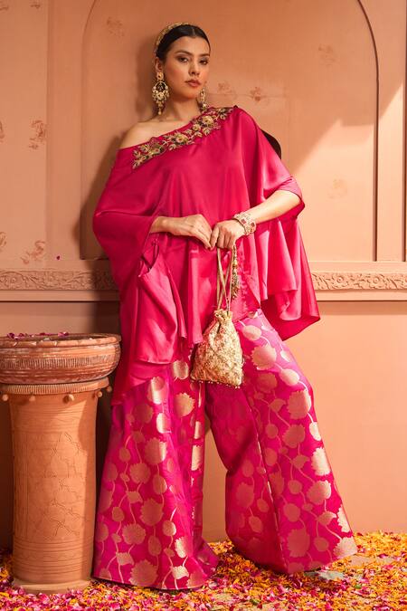 Tasuvure Indes Pink Brocade, Silk Embroidery One Shoulder Kiri Neck Kaftan With Pant at Aza Fashions Tasuvure Indes_Pink Brocade, Silk Embroidery One Shoulder Kiri Neck Kaftan With Pant _at_Aza_Fashions