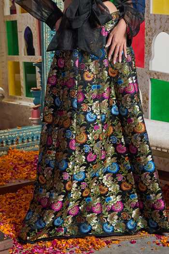 Buy Black Brocade, Silk Embroidery Collared Banarasi Skirt With