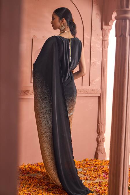 Shop_Tasuvure Indes_Black Polyester Round Neck Idylic Ombre Saree _at_Aza_Fashions