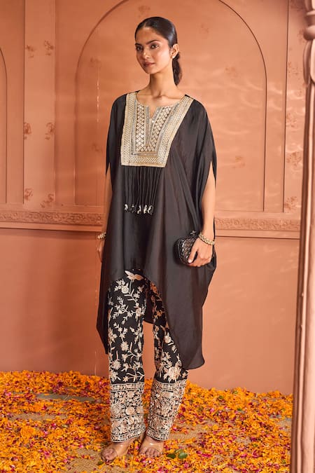 Tasuvure Indes_Black Satin, Silk Diamonds, Embroidery Reyna Embellished Kaftan With Gara Pant _Online_at_Aza_Fashions