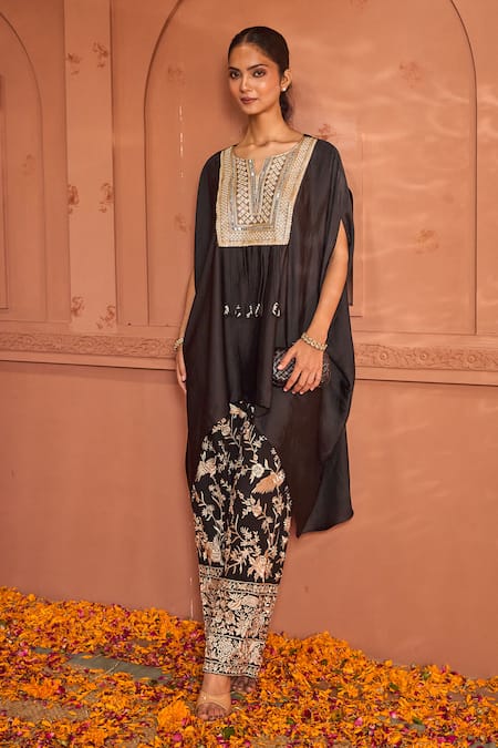 Buy_Tasuvure Indes_Black Satin, Silk Diamonds, Embroidery Reyna Embellished Kaftan With Gara Pant _Online_at_Aza_Fashions