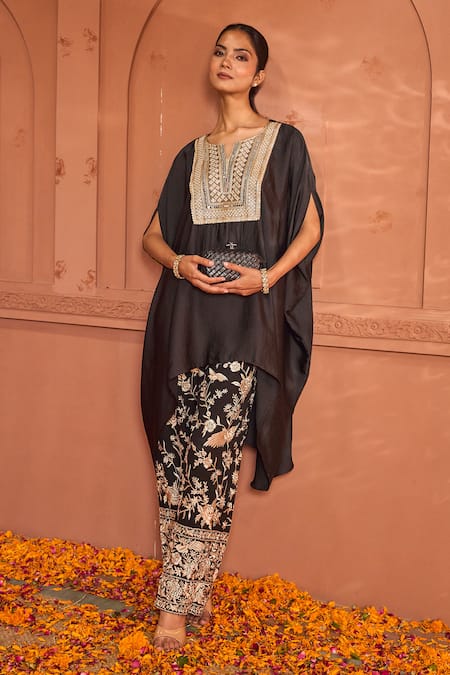 Shop_Tasuvure Indes_Black Satin, Silk Diamonds, Embroidery Reyna Embellished Kaftan With Gara Pant _Online_at_Aza_Fashions