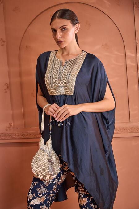 Tasuvure Indes_Blue Satin, Silk Diamonds, Embroidery, Reyna Embellished Kaftan With Pant _Online_at_Aza_Fashions