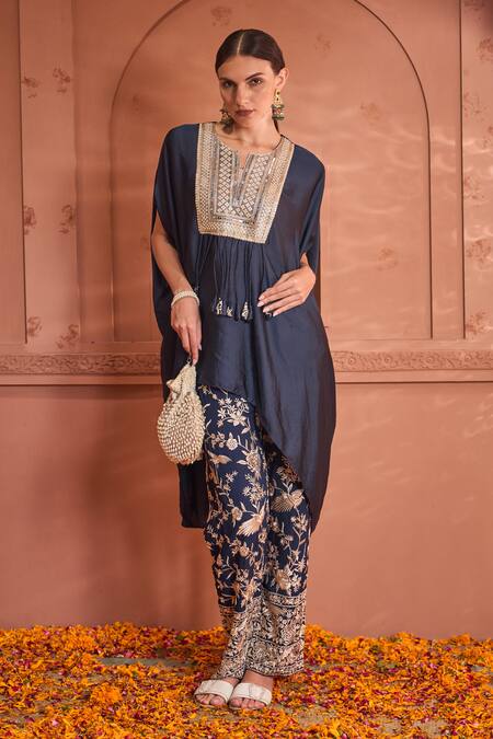 Buy_Tasuvure Indes_Blue Satin, Silk Diamonds, Embroidery, Reyna Embellished Kaftan With Pant _Online_at_Aza_Fashions
